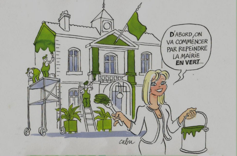 Dessin de Cabu représentant une femme devant une mairie, avec un pinceau à la main et un pot de peitnure verte.